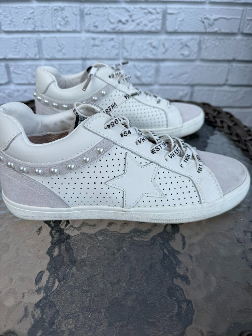 Vintage Havana White and Light Gray Star Perforated Sneakers with Pearl Trim